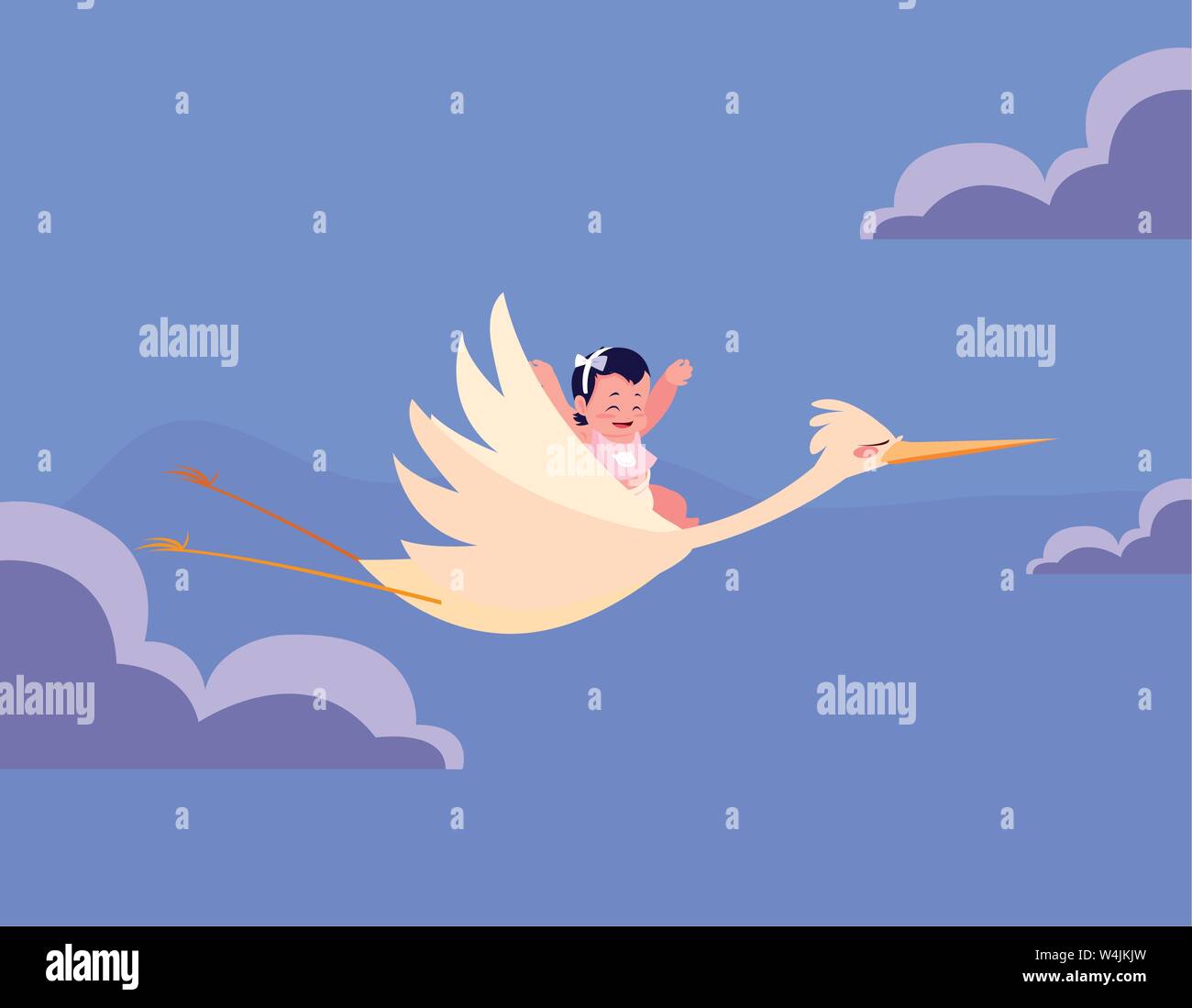 stork carrying a cute baby girl vector illustration Stock Vector Image ...