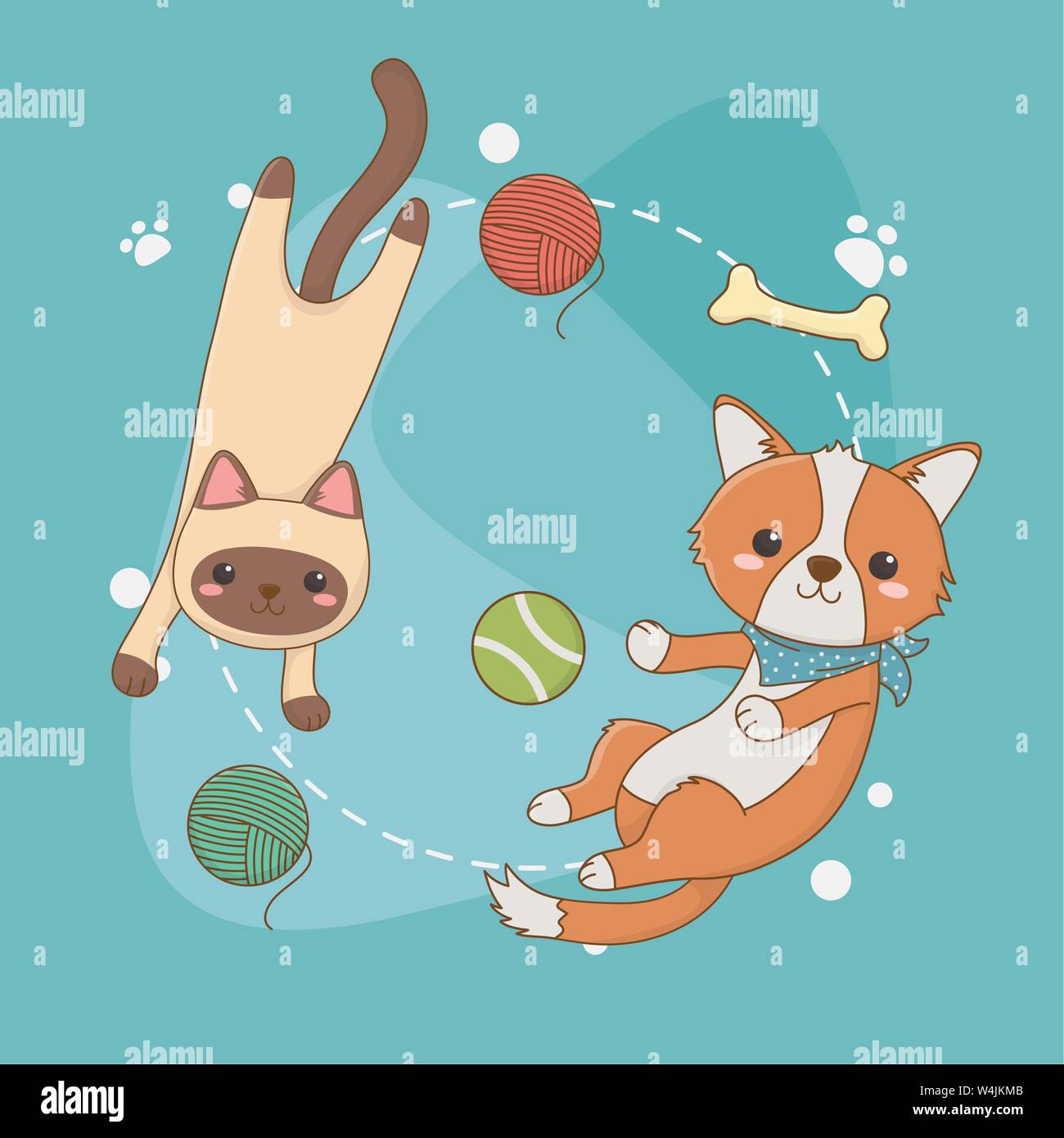 cute little dog and cat mascots with set toys vector illustration