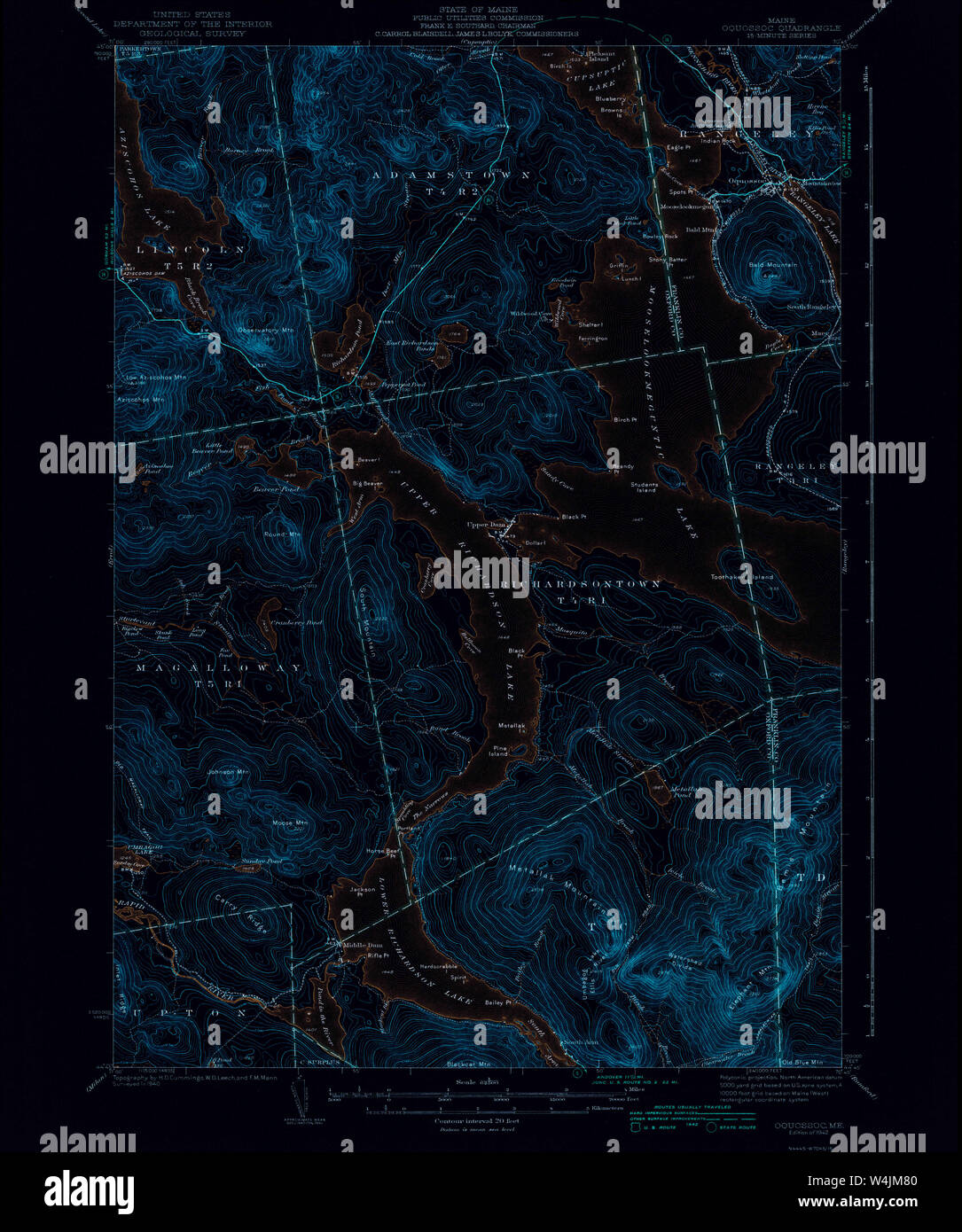 Maine USGS Historical Map Oquossoc 460704 1942 62500 Inversion Restoration Stock Photo