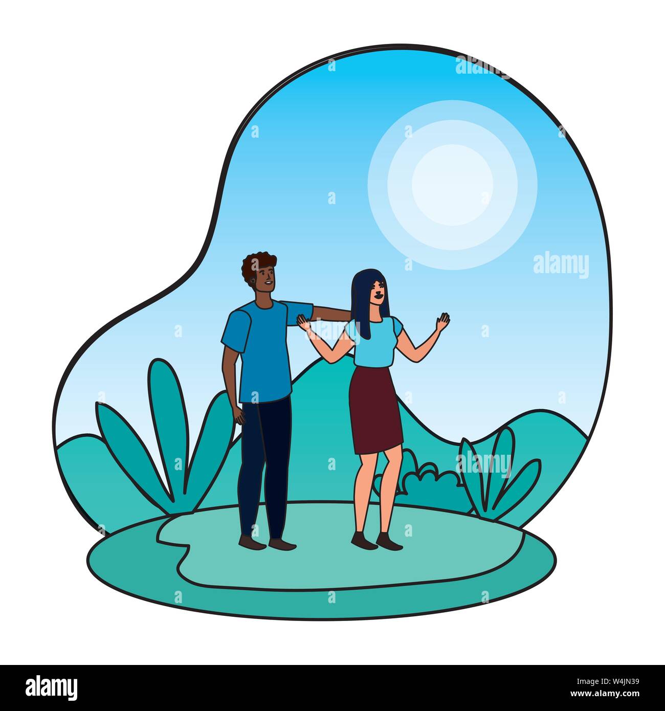 young interracial lovers couple in the landscape Stock Vector