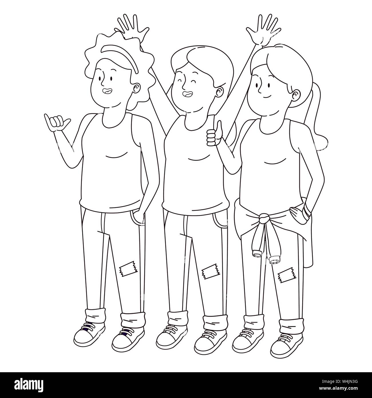 Teenagers friends smiling and greeting in black and white Stock Vector