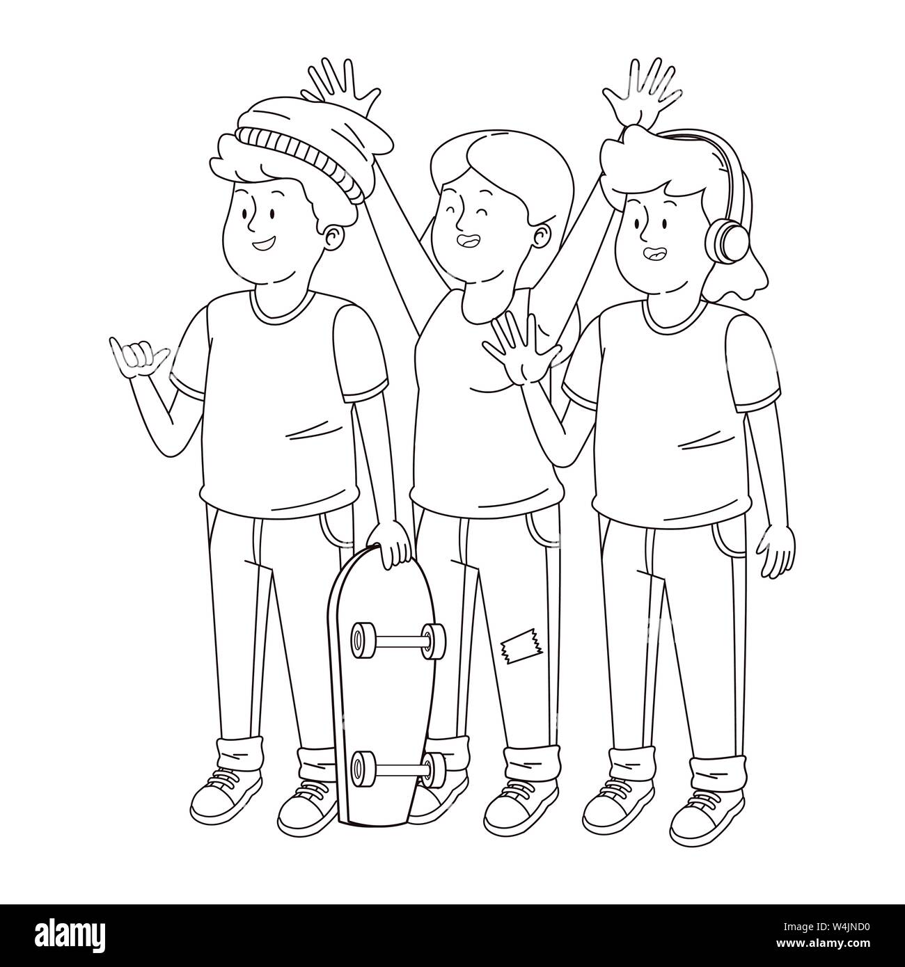 Teenagers friends smiling and greeting in black and white Stock Vector