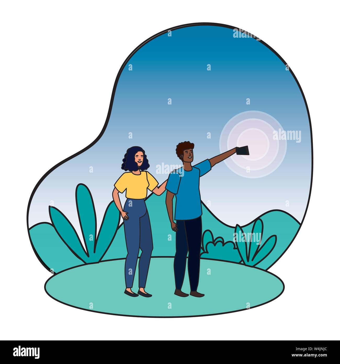 interracial lovers couple taking a selfie in the camp Stock Vector ...