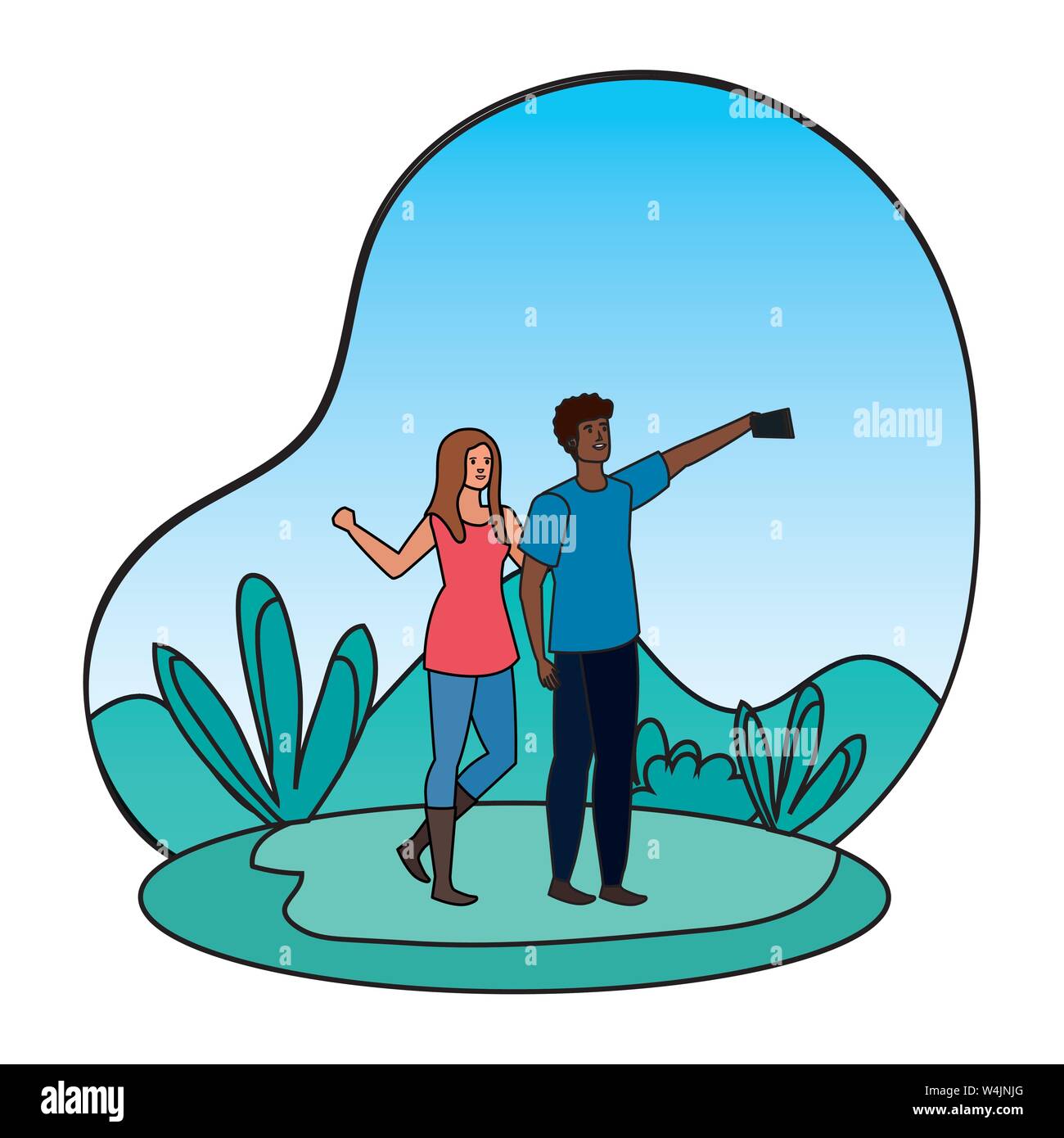 interracial lovers couple taking a selfie in the camp Stock Vector ...