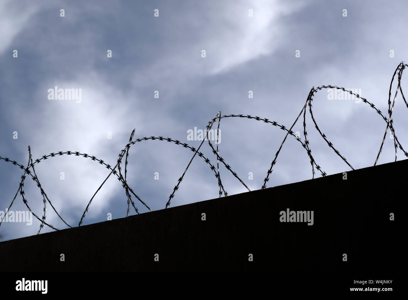 Silhouette of concertina wire perimeter on a wall Stock Photo