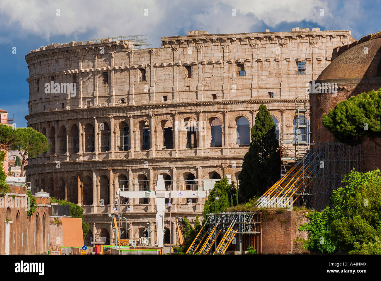 Coliseum and Imperial Fora ancient ruins with Metro C new subway line construction site, right in the center of the city Stock Photo
