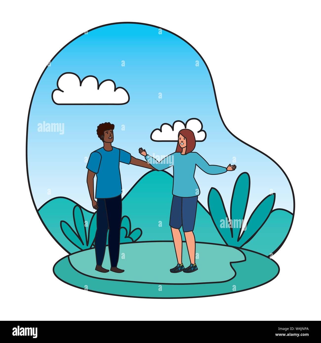 young interracial lovers couple in the landscape Stock Vector