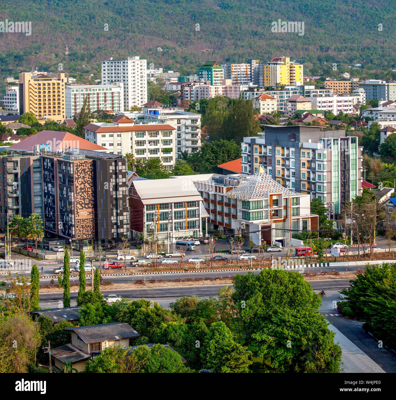 Elevated view of downtown Chiang Mai hotels and business district in Northern Thailand Stock