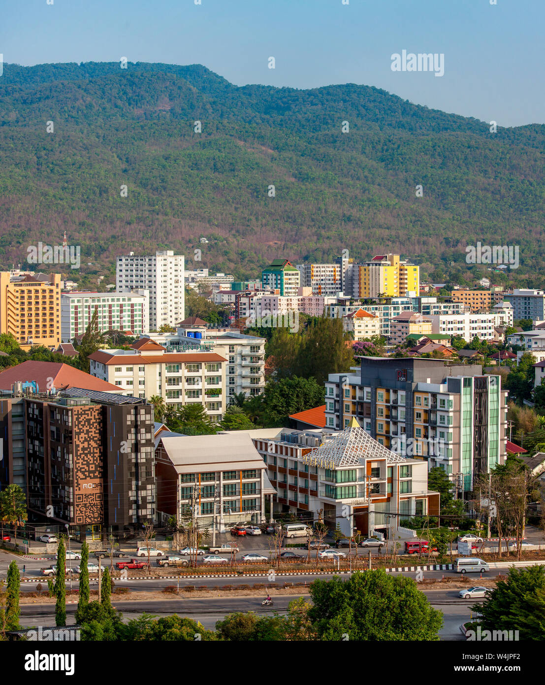 Elevated view of downtown Chiang Mai hotels and business district in Northern Thailand. Stock Photo