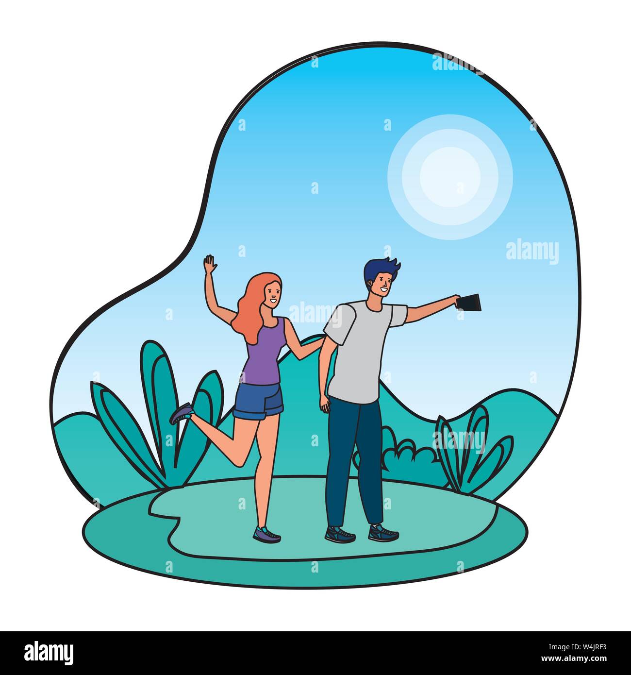 young lovers couple taking a selfie in the camp Stock Vector Image ...
