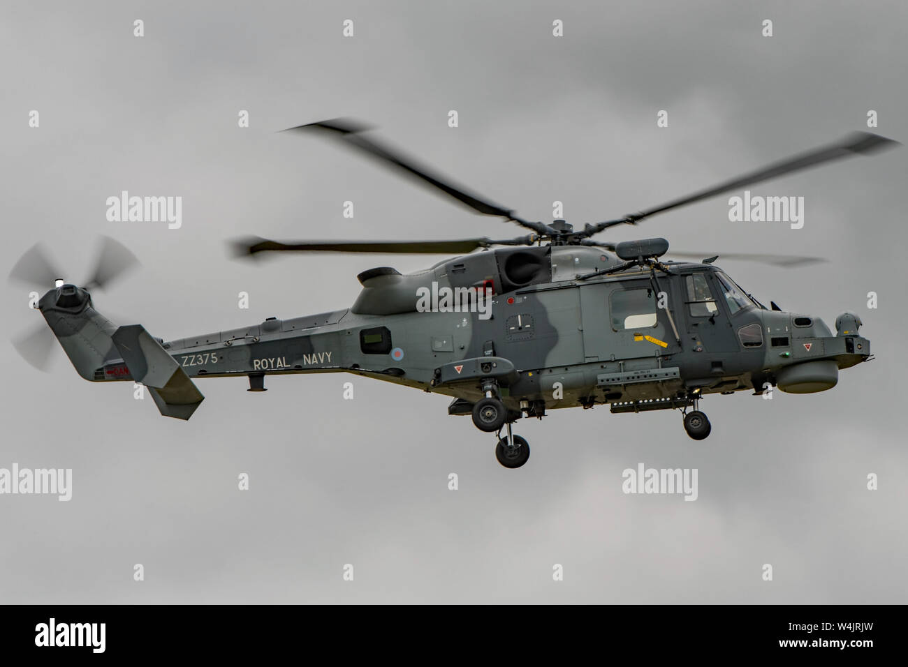 Royal Navy Wildcat HMA2 anti-submarine helicopter participating in the flying display at the RNAS Yeovilton International Air Day, UK on 13/7/19. Stock Photo