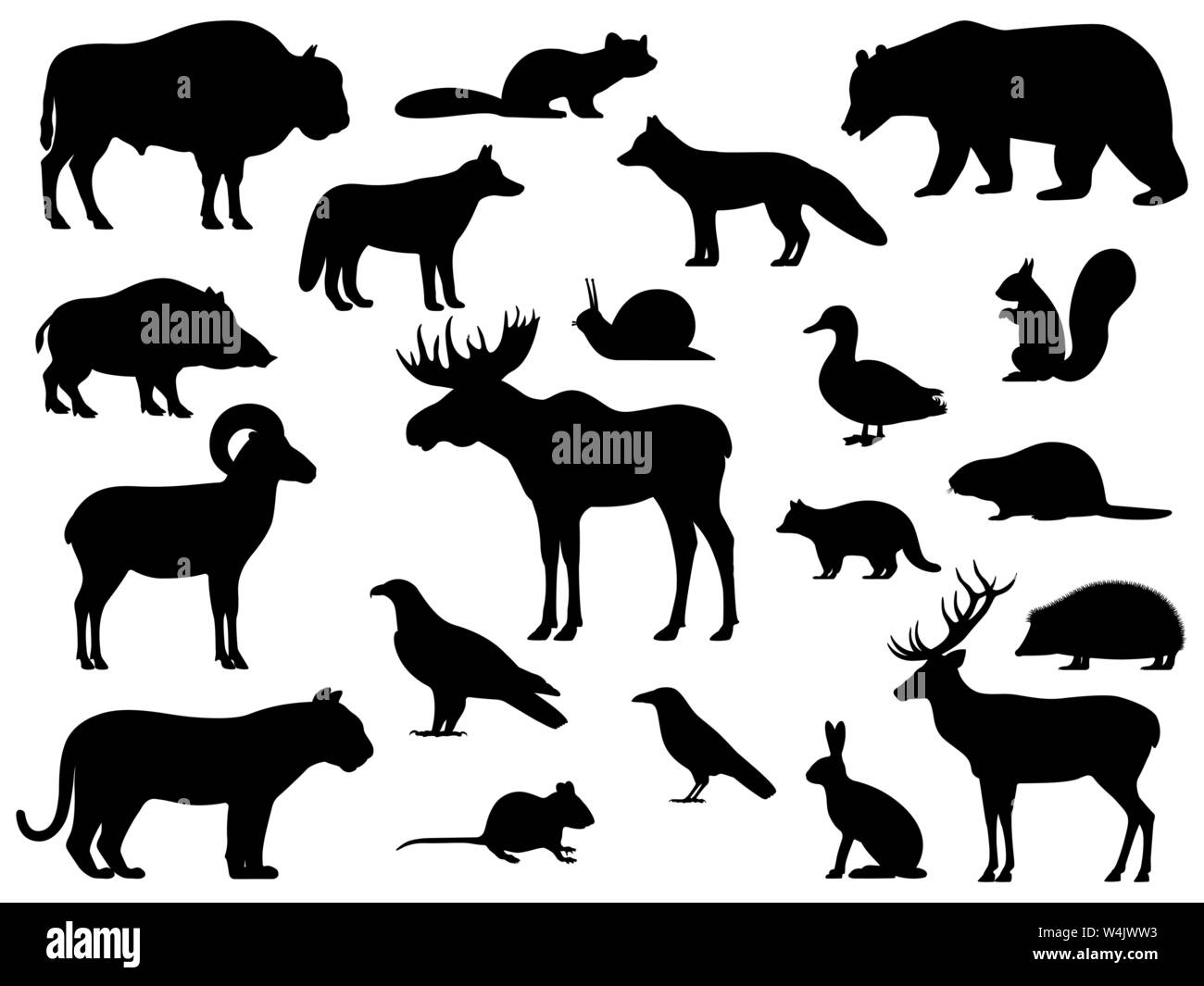 Set of black silhouette wild forest steppe animals Stock Vector