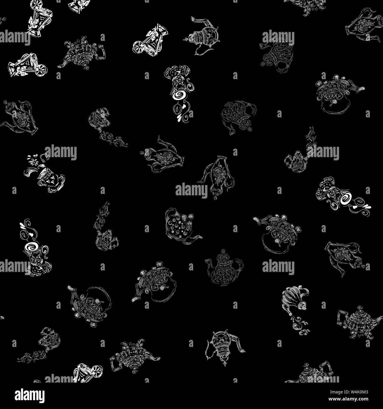 Seamless pattern set of teapots and teacups isolated on black ...
