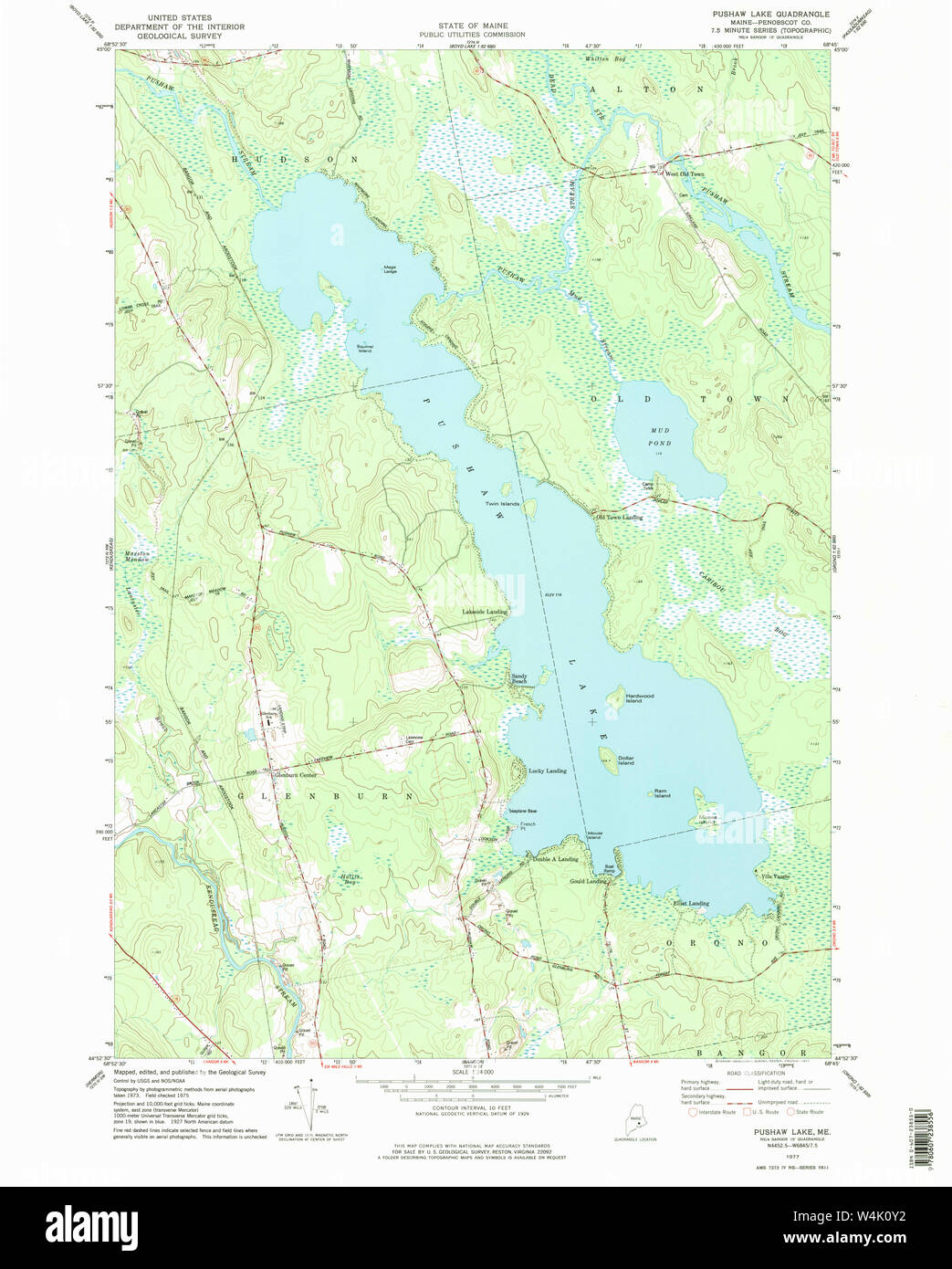 Maine USGS Historical Map Pushaw Lake 102901 1977 24000 Restoration