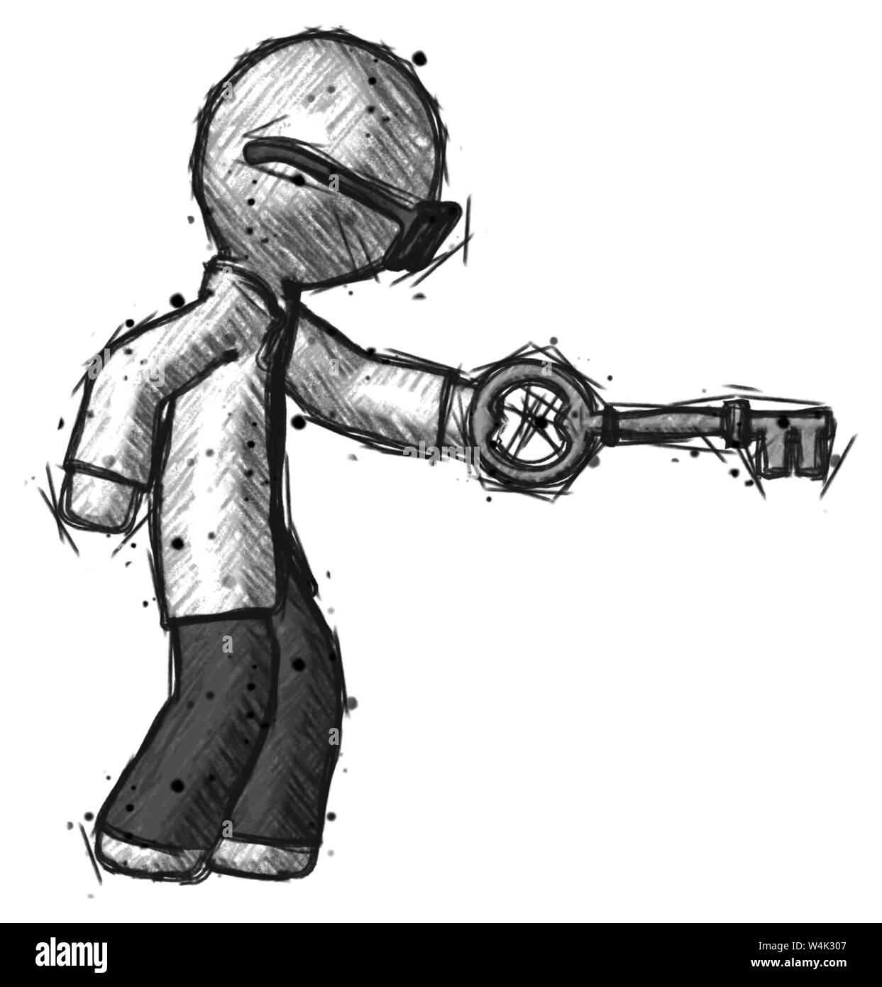 Sketch doctor scientist man with big key of gold opening something