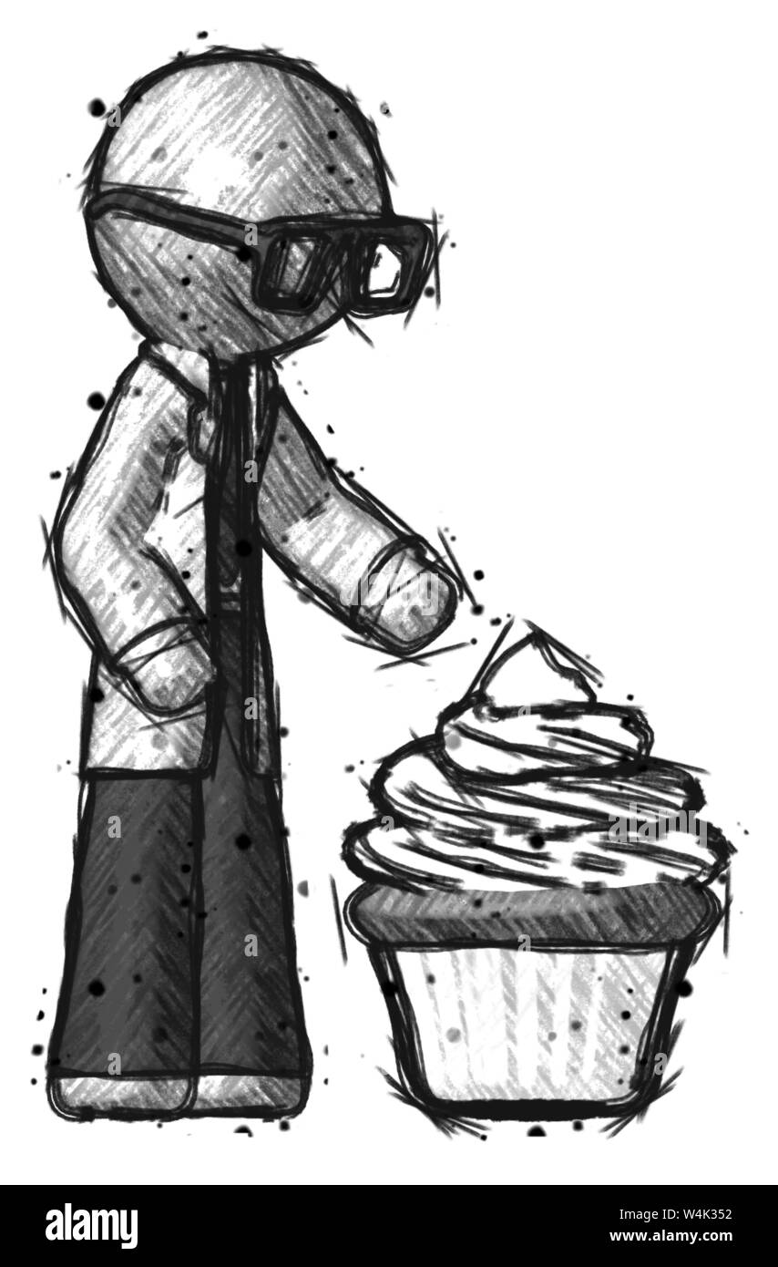 Sketch doctor scientist man with giant cupcake dessert. Stock Photo