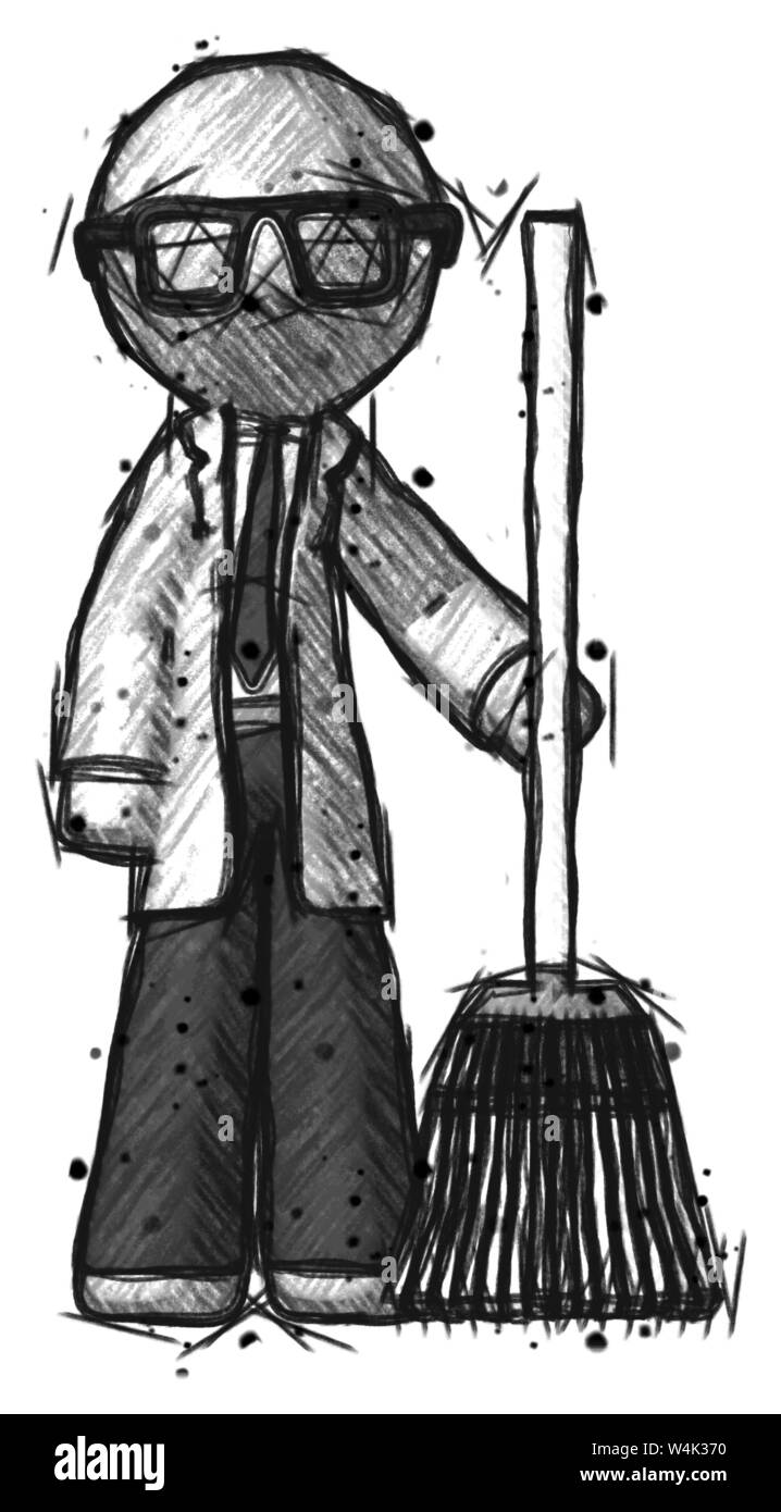 Sketch doctor scientist man standing with broom cleaning services Stock ...