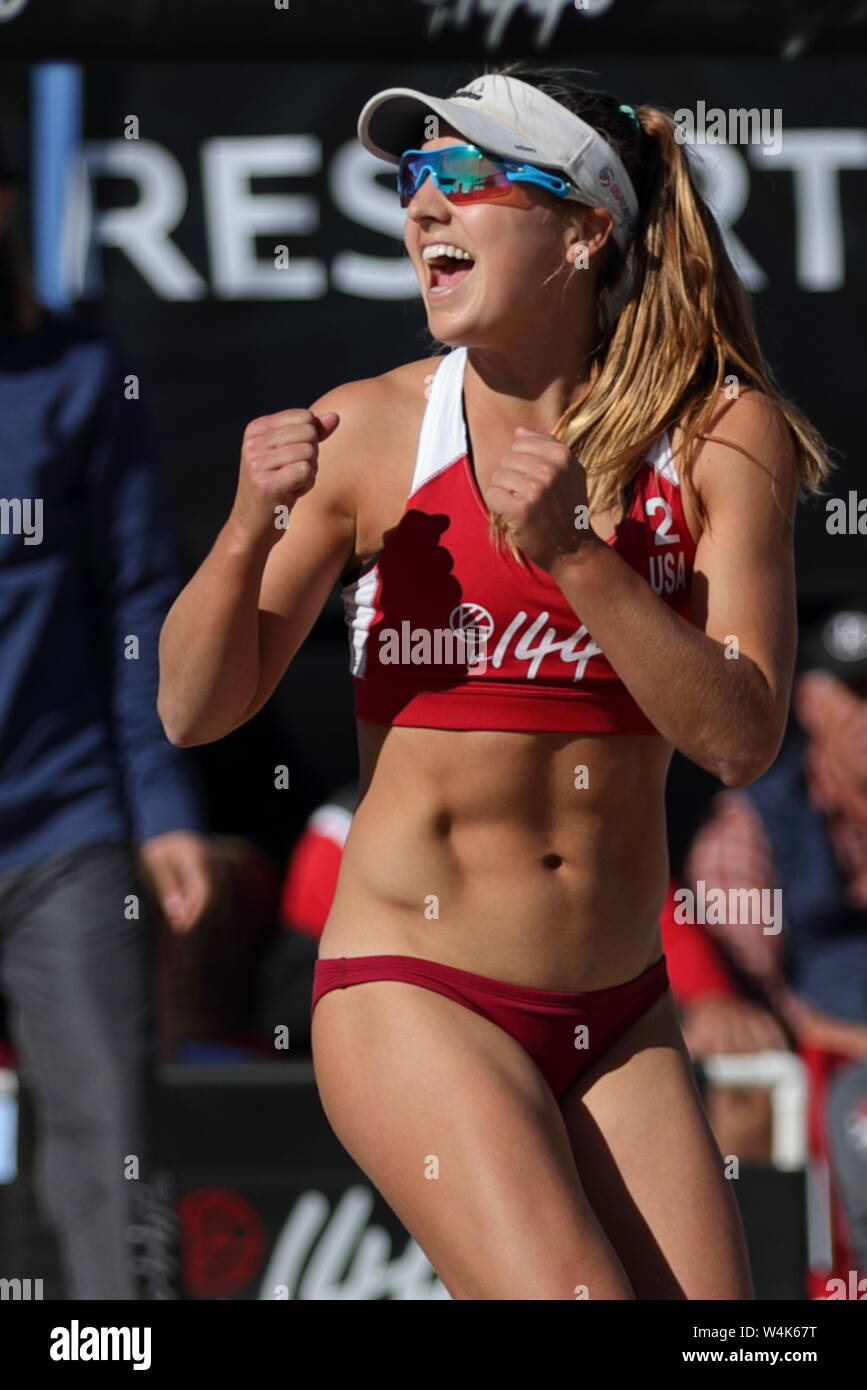 Katie Spieler of USA celebrates during the Young Guns Women's Semi-Final match at Huntington State Beach on December 2, 2018 in Huntington Beach, CA Stock Photo