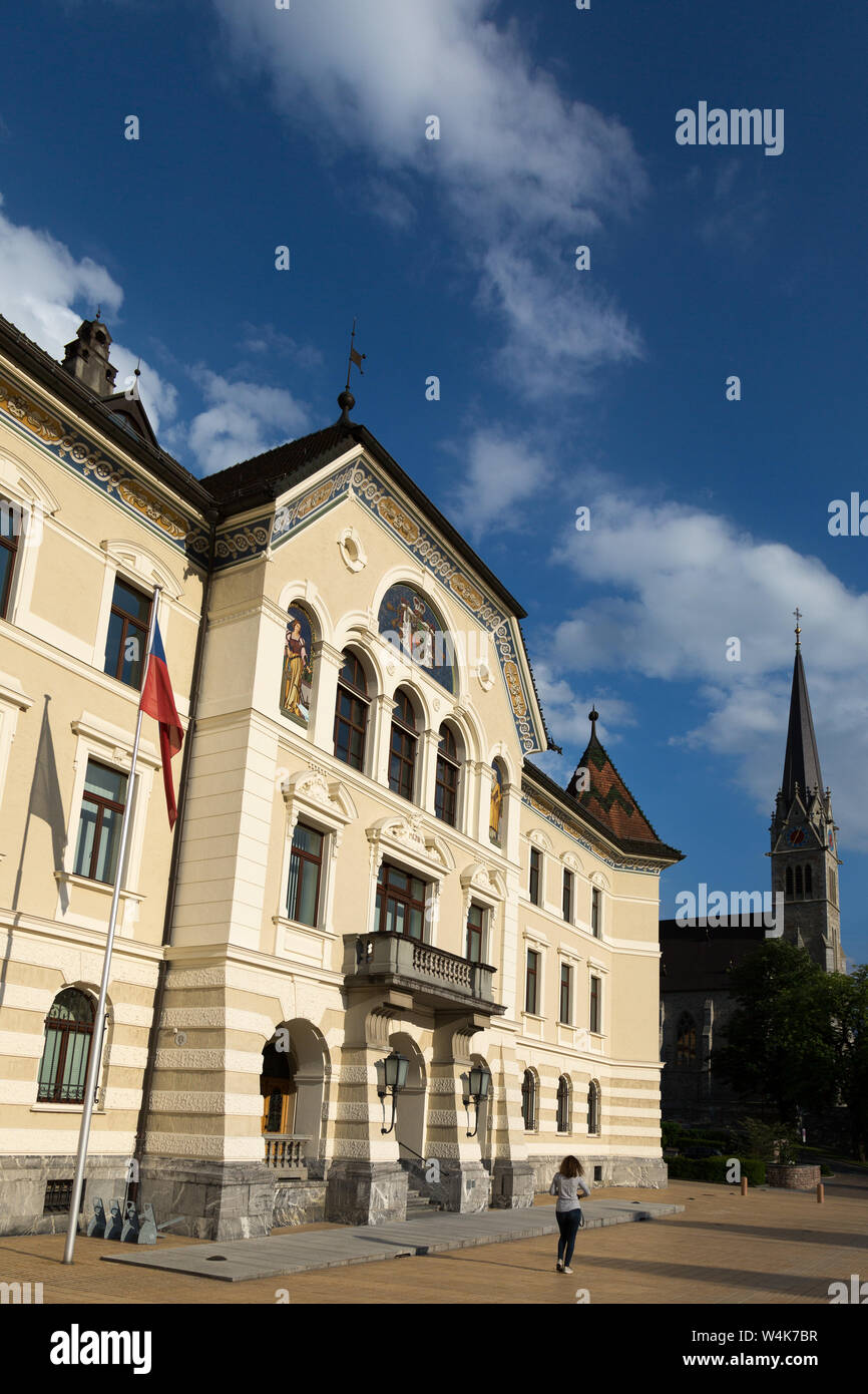 The Regierungsgebäude, or National Government Building, stands beside St. Florin's Cathedral in downtown Vaduz, Liechtenstein. Stock Photo