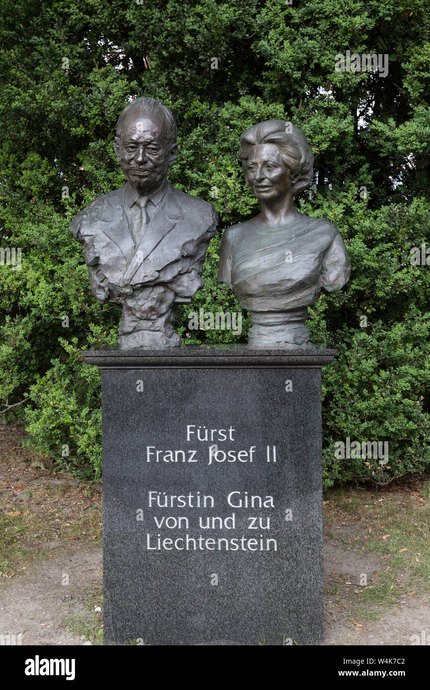 Busts of Prince Franz Josef II and his wife, Princess Georgina, serve as a monument to the former leader of Liechtenstein. Stock Photo