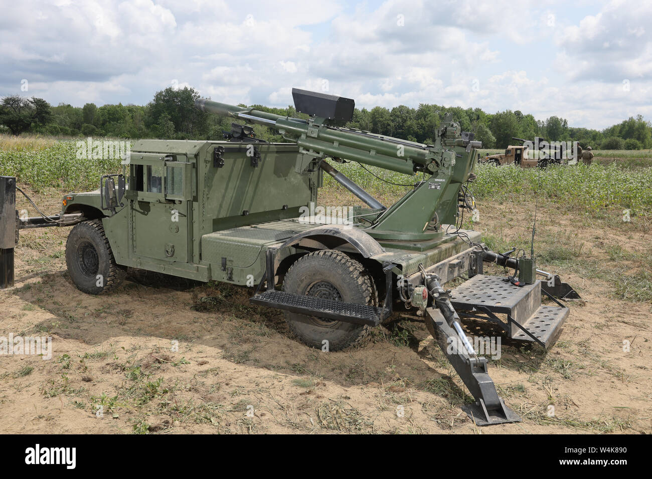 Hawkeye 105mm Mobile Weapon System while crew rest from conducting drills 23 July, 2019 assigned to a test Platoon of 2nd Battalion, 122 Field Artillery, Illinois Army National Guard. The Hawkeye is an experimental weapon issued to 2-122 FA to test at Exercise Northern Strike 19.  The exercise unites approximately 5,000 service members from nearly every branch of service representing more than 20 states and seven coalition countries to conduct combined ground and air exercises. Northern Strike is one of the largest reserve component exercises supported by the U.S. Department of Defense. Its mi Stock Photo