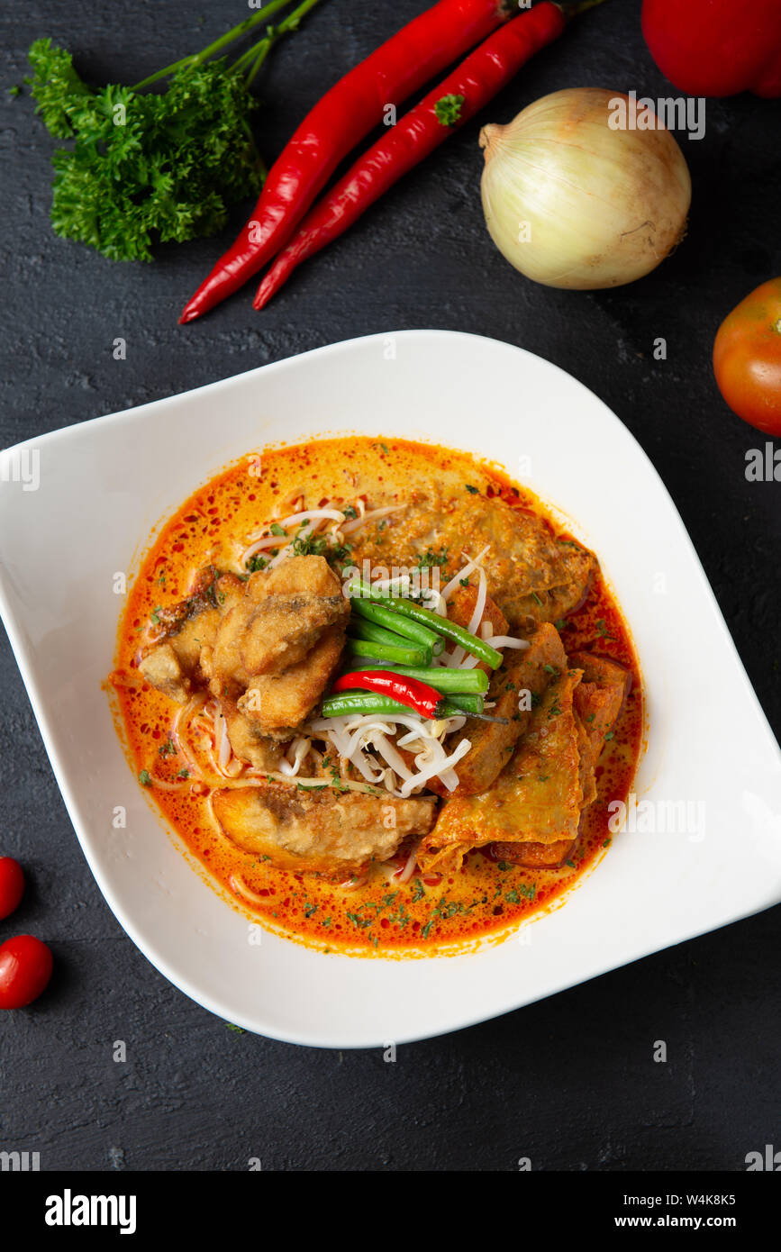 curry noodle flat lay with copyspace Stock Photo