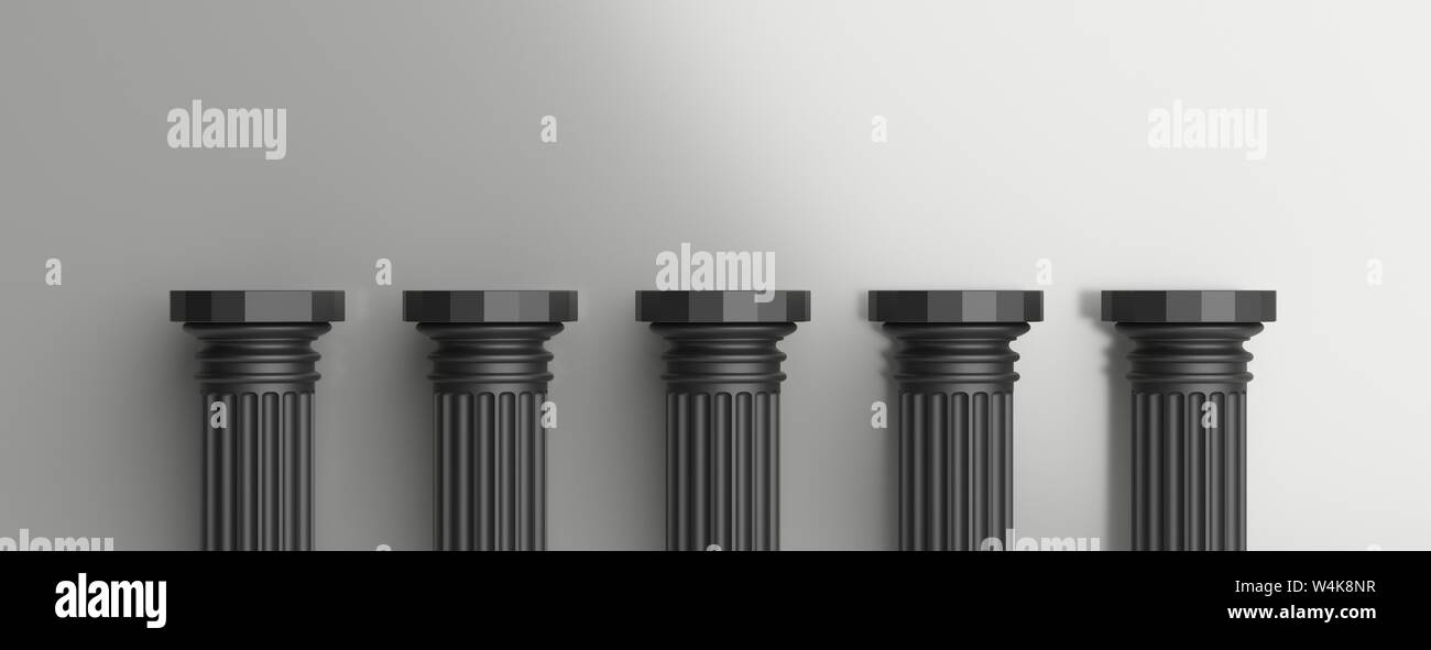 Five columns, Black color ancient greek marble pillars half, against silver wall background, banner, copy space. 3d illustration Stock Photo