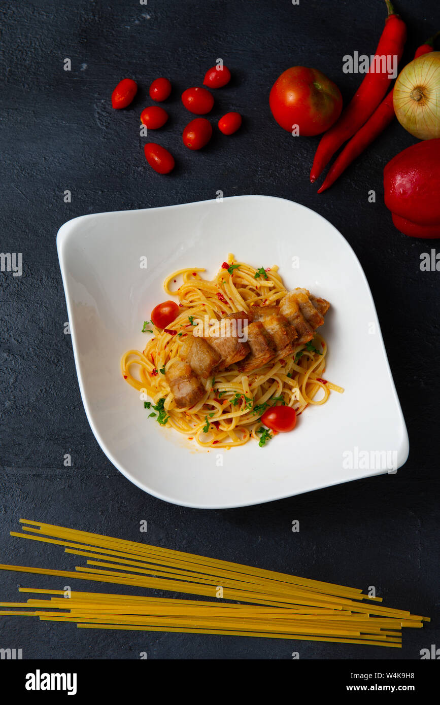 crispy Pork belly spaghetti with background flat lay Stock Photo Alamy