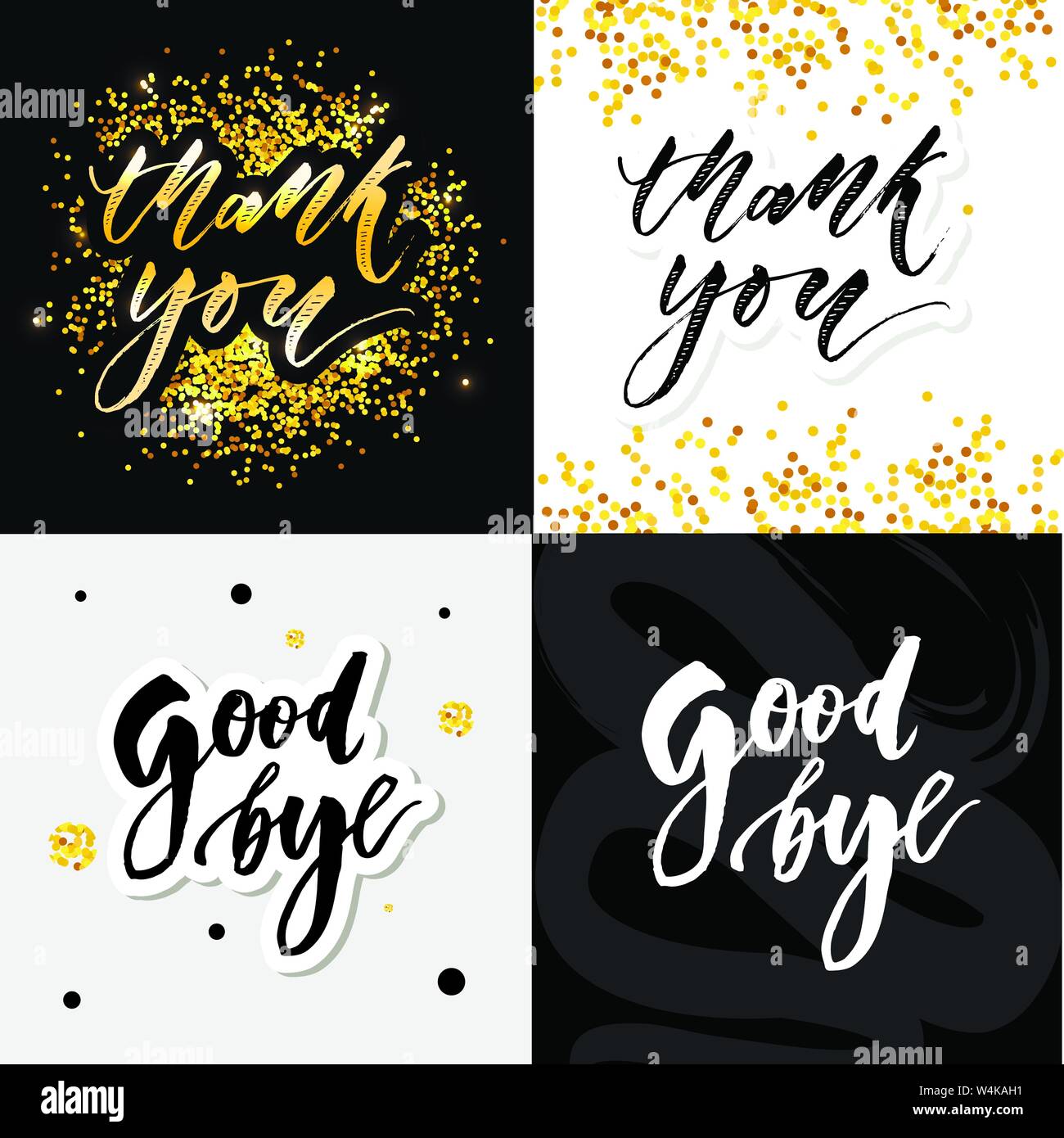 Thank you card. Beautiful greeting card scratched calligraphy black text word gold stars. Hand drawn invitation T-shirt print design.Handwritten moder Stock Vector