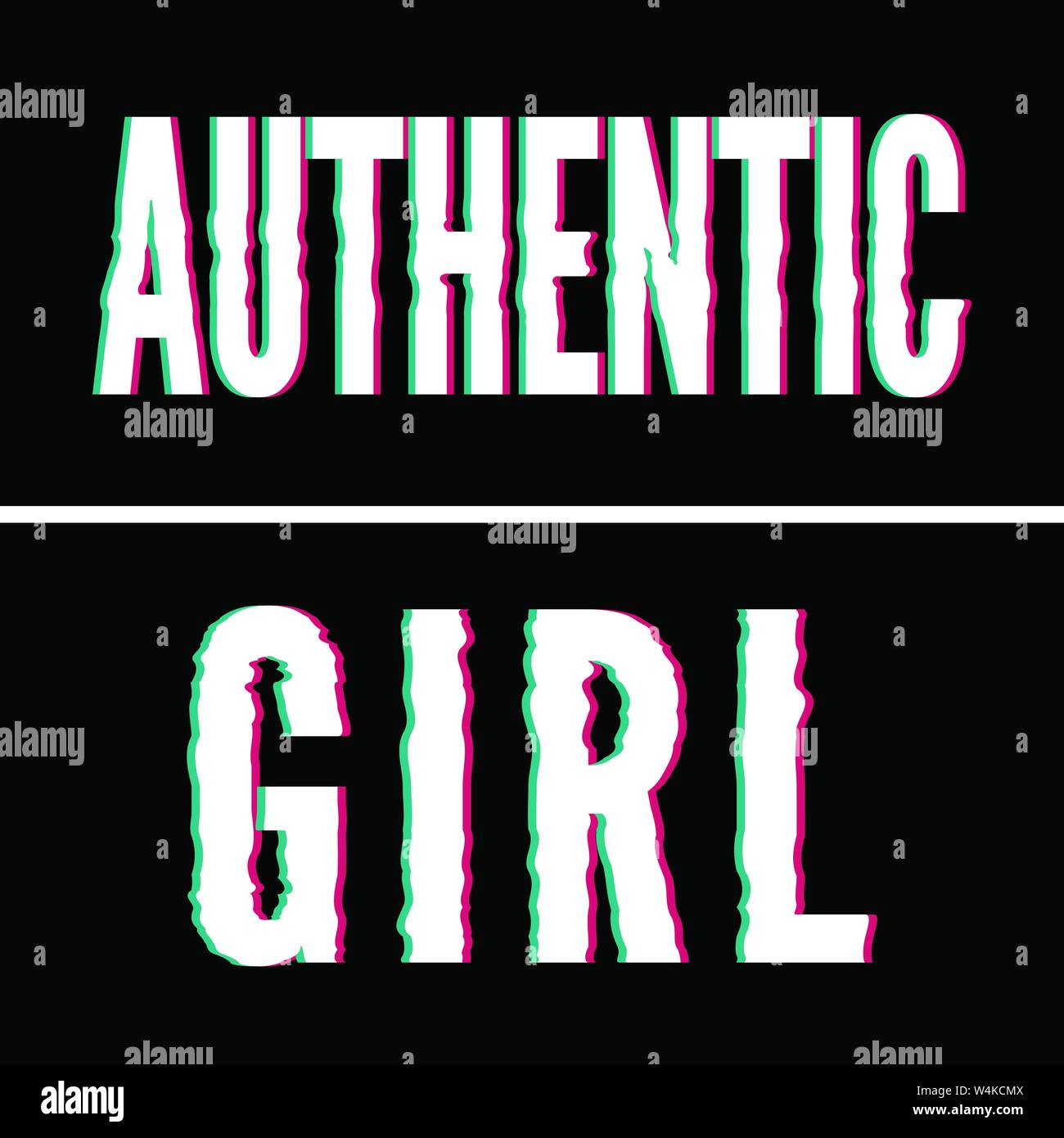 Authentic Girl slogan, Holographic and glitch typography, tee shirt graphic Stock Vector