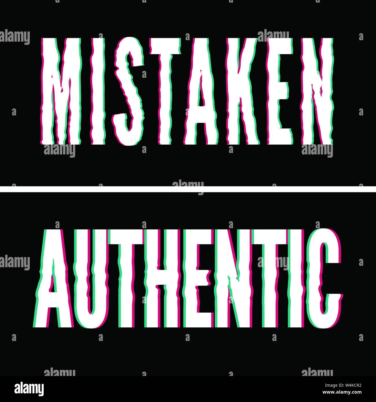 Mistaken Authentic slogan, Holographic and glitch typography, tee shirt graphic Stock Vector