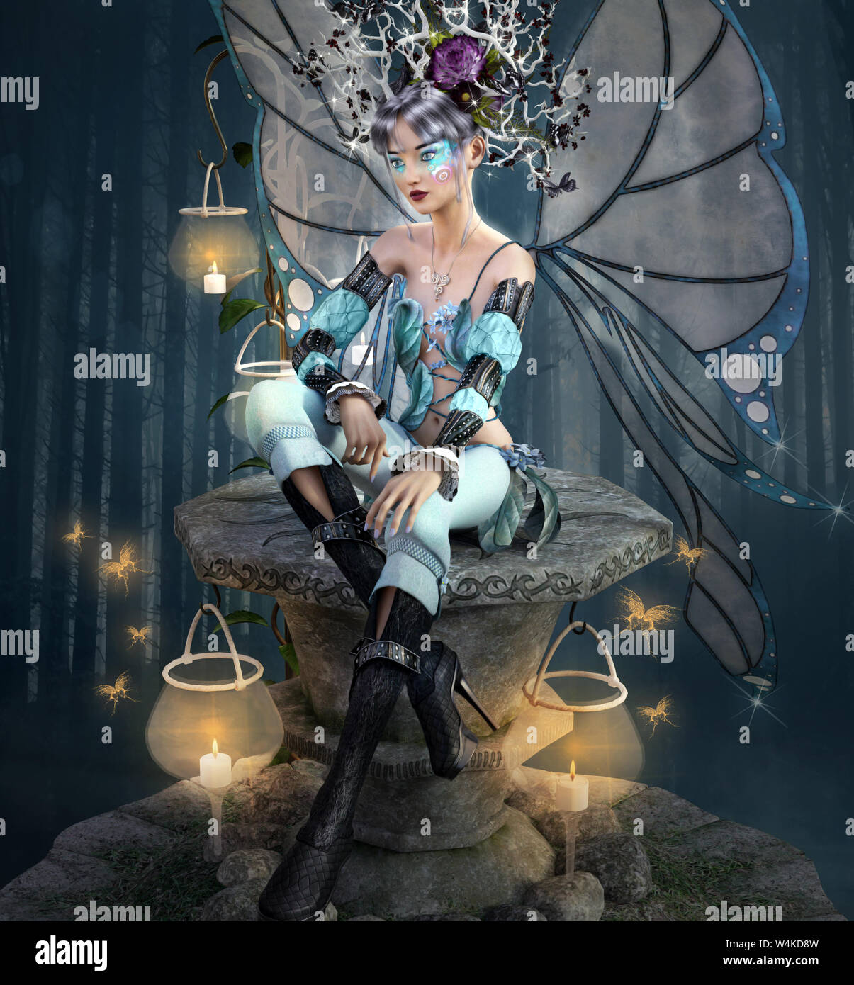 Beautiful fairy wearing black boots sitting on a pedestal Stock Photo