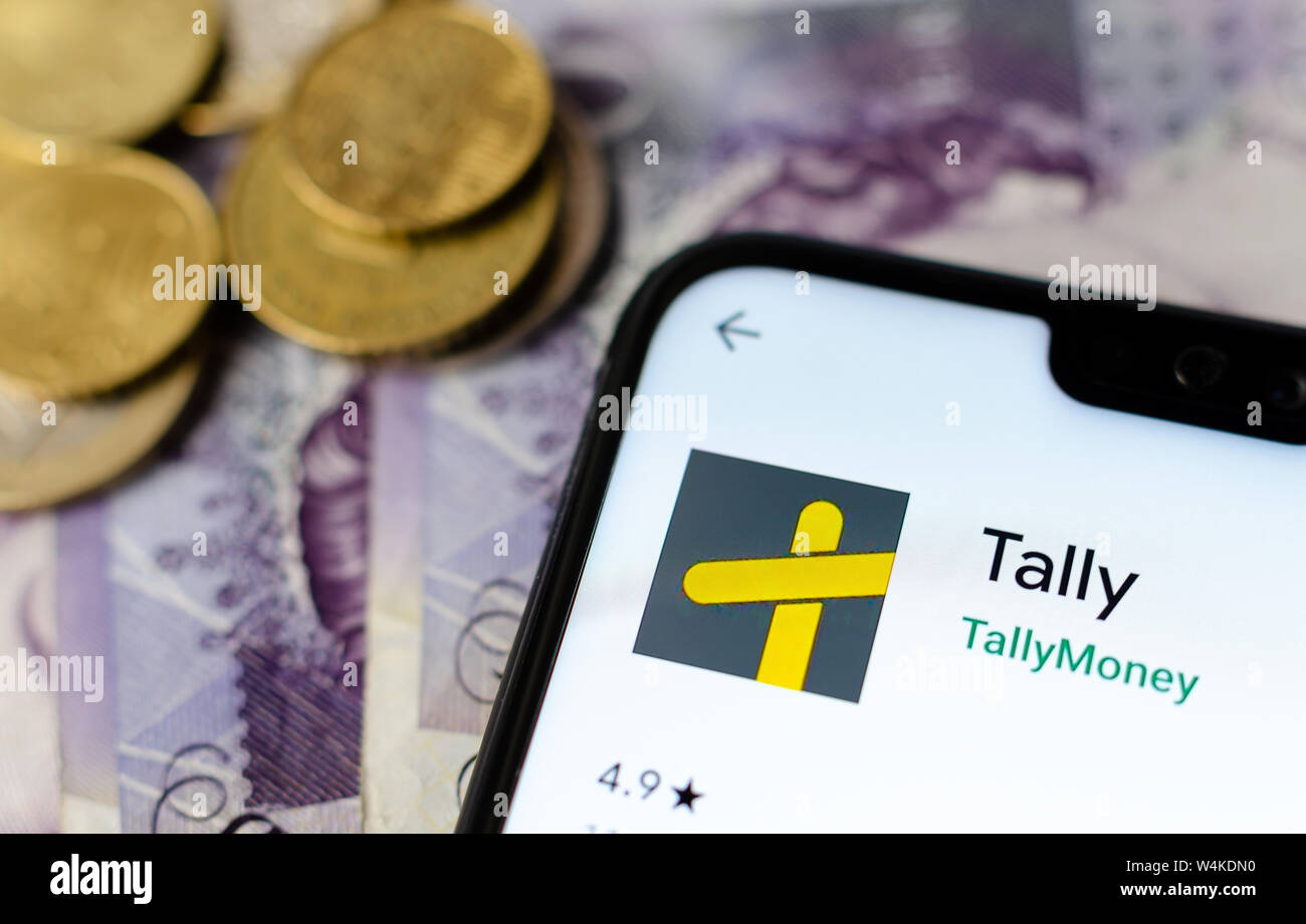 Tally Money banking app on the smartphone screen. Tally is innovative banking platform and the unit of currency that backed by gold. Stock Photo