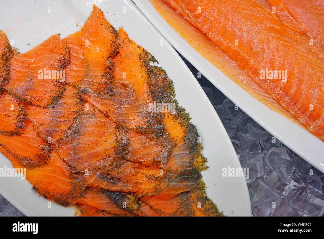 Platter of gravlax salmon marinated in dill Stock Photo Alamy