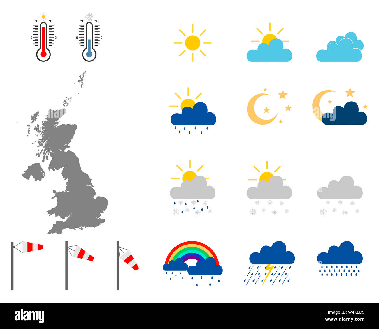 Map of Great Britain with weather symbols Stock Photo