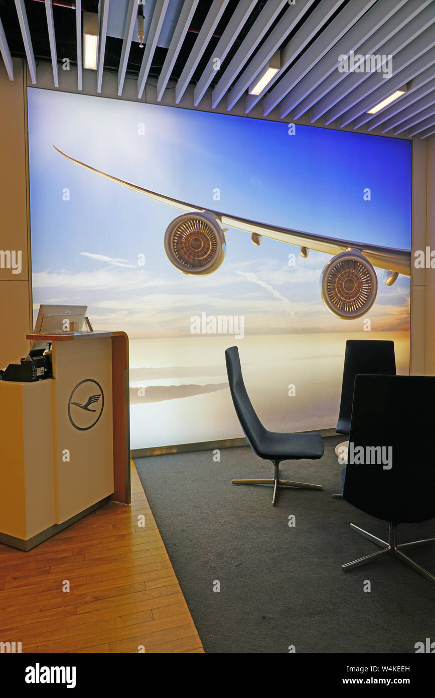 HEATHROW, ENGLAND 3 APR 2019 View of the Lufthansa Business Class Lounge in Terminal 2 at