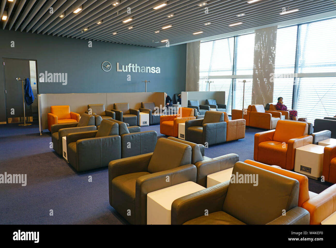 HEATHROW, ENGLAND 3 APR 2019 View of the Lufthansa Business Class Lounge in Terminal 2 at