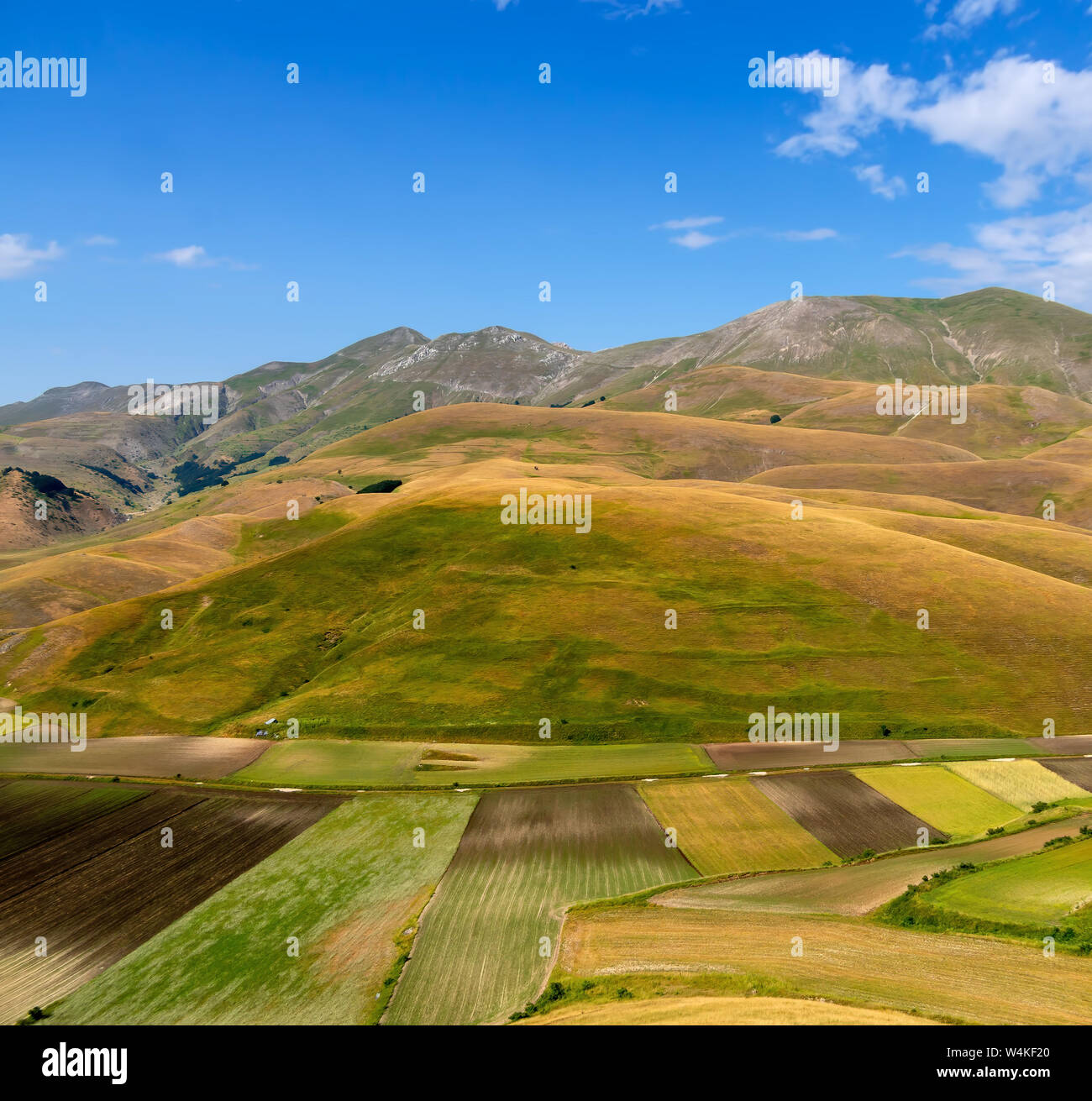 Castelluccio di Norcia, in Umbria, Italy. Fields and hills, sunny day. Colourful landscape. Stock Photo