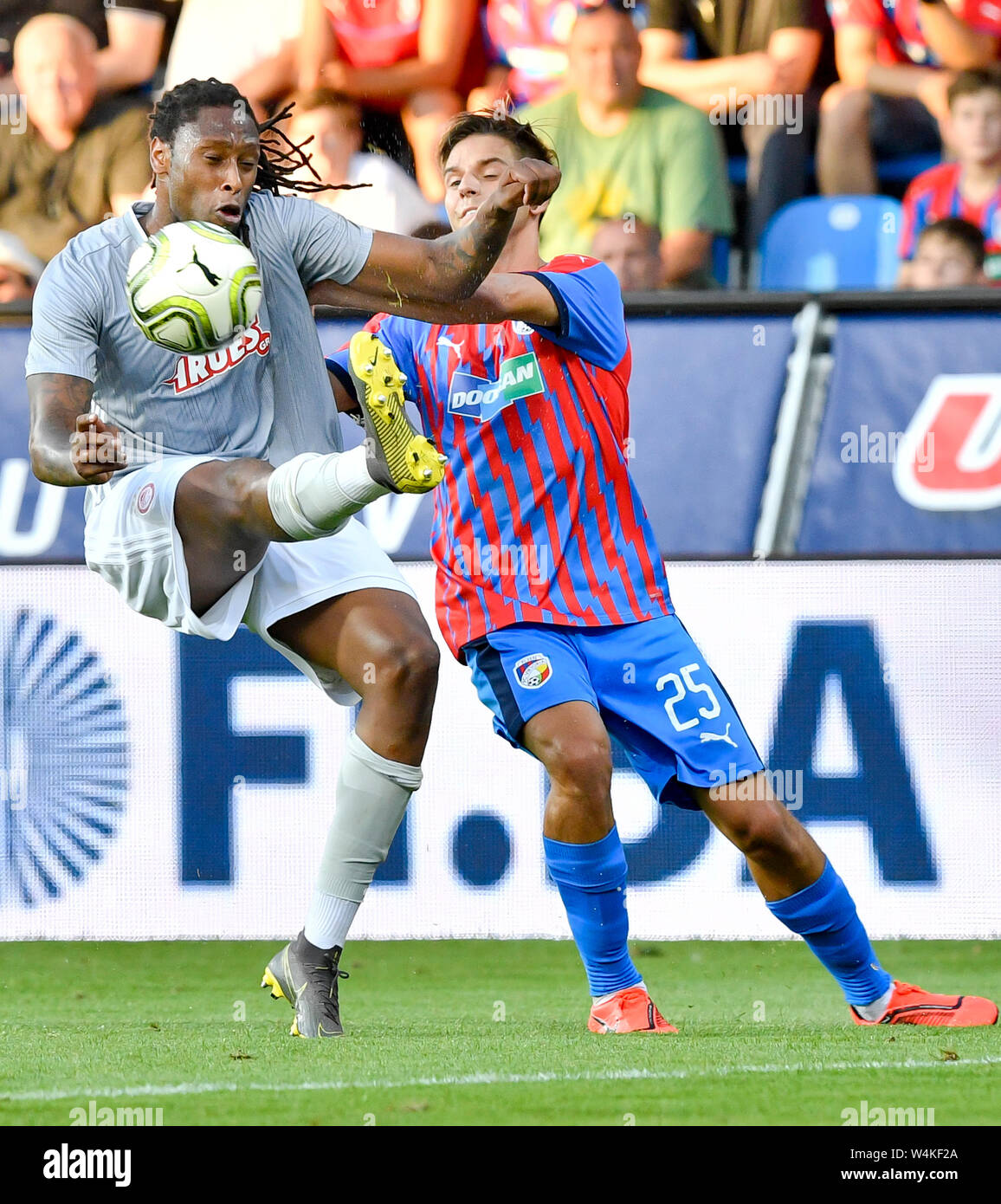 Pilsen, Czech Republic. 23rd July, 2019. L-R Ruben Semedo (Piraeus) and  Ales Cermak (Plzen) in action during the Football Champions League 2nd  qualifying round match: Viktoria Plzen vs Olympiakos Piraeus in Pilsen,