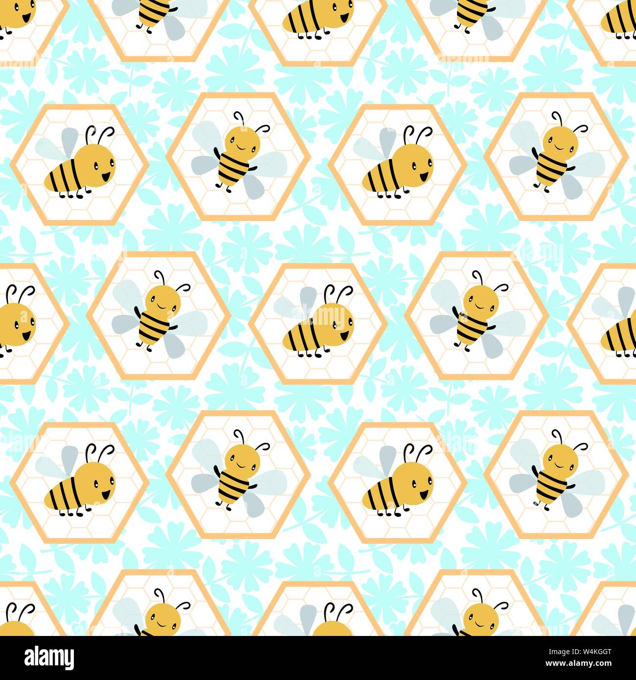 Cute cartoon honey bees in honeycomb cells. Seamless geometric vector ...