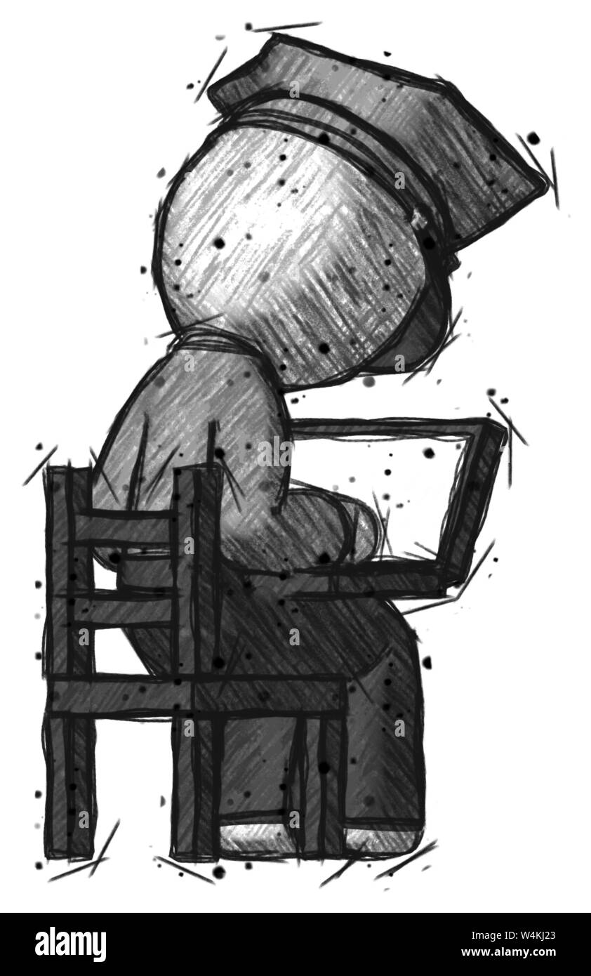 Sketch police man using laptop computer while sitting in chair view from back. Stock Photo