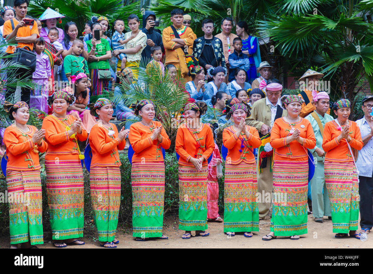 Group of Shan or Tai Yai (ethnic group living in parts of Myanmar and Thailand) in tribal dress do native dancing in Shan New Year celebrations Stock Photo