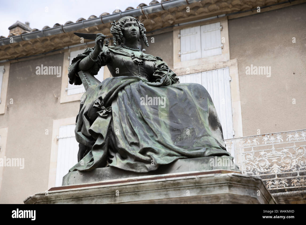 Statue of Marie de Rabutin-Chantal (Marquise de Sévigné) in Place Sévigné, Grignan, Drome department, Auvergne-Rhone-Alpes, Provence, France, Europe Stock Photo