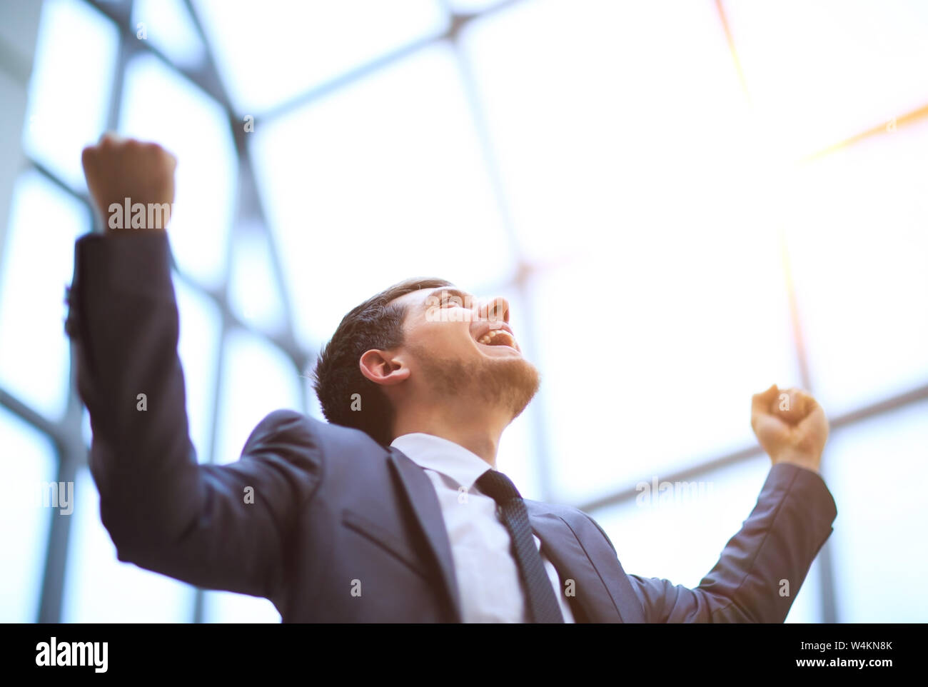 Successful businessman with arms up celebrating his victory Stock Photo ...