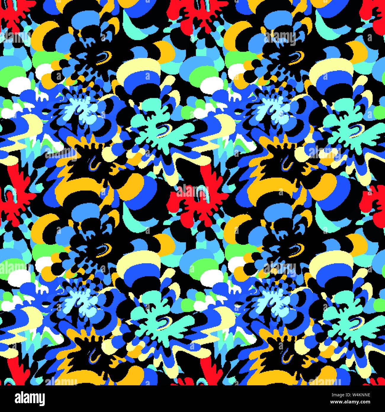 brightly colored abstract flowers on a black background seamless pattern Stock Vector