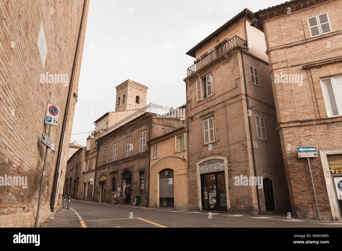 Fermo, Italy - February 11, 2016: Street view with living houses of Fermo, Italian old town Stock Photo