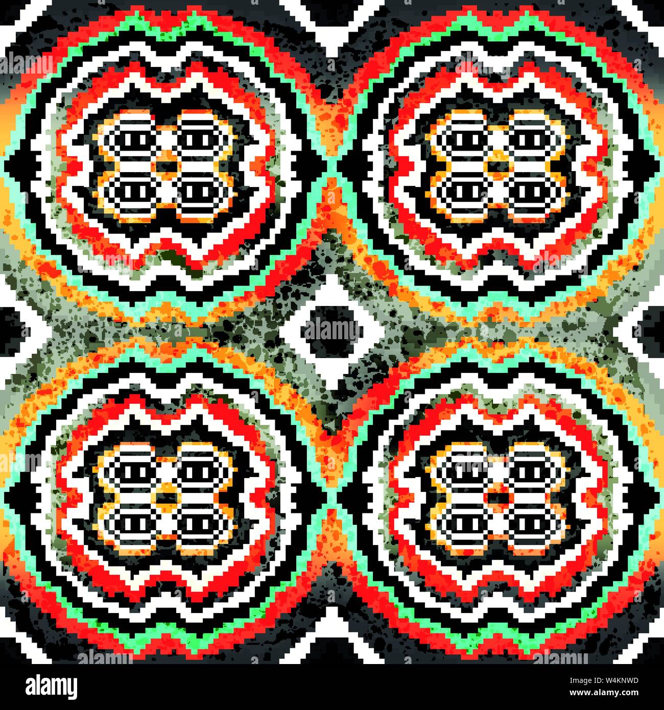 colored pixels in retro style tribal vintage seamless pattern Stock Vector
