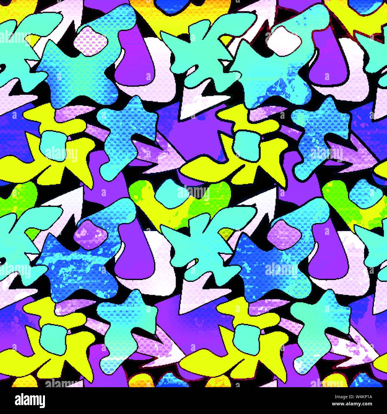 Graffiti on a black background Psychedelic seamless geometric pattern Stock Vector