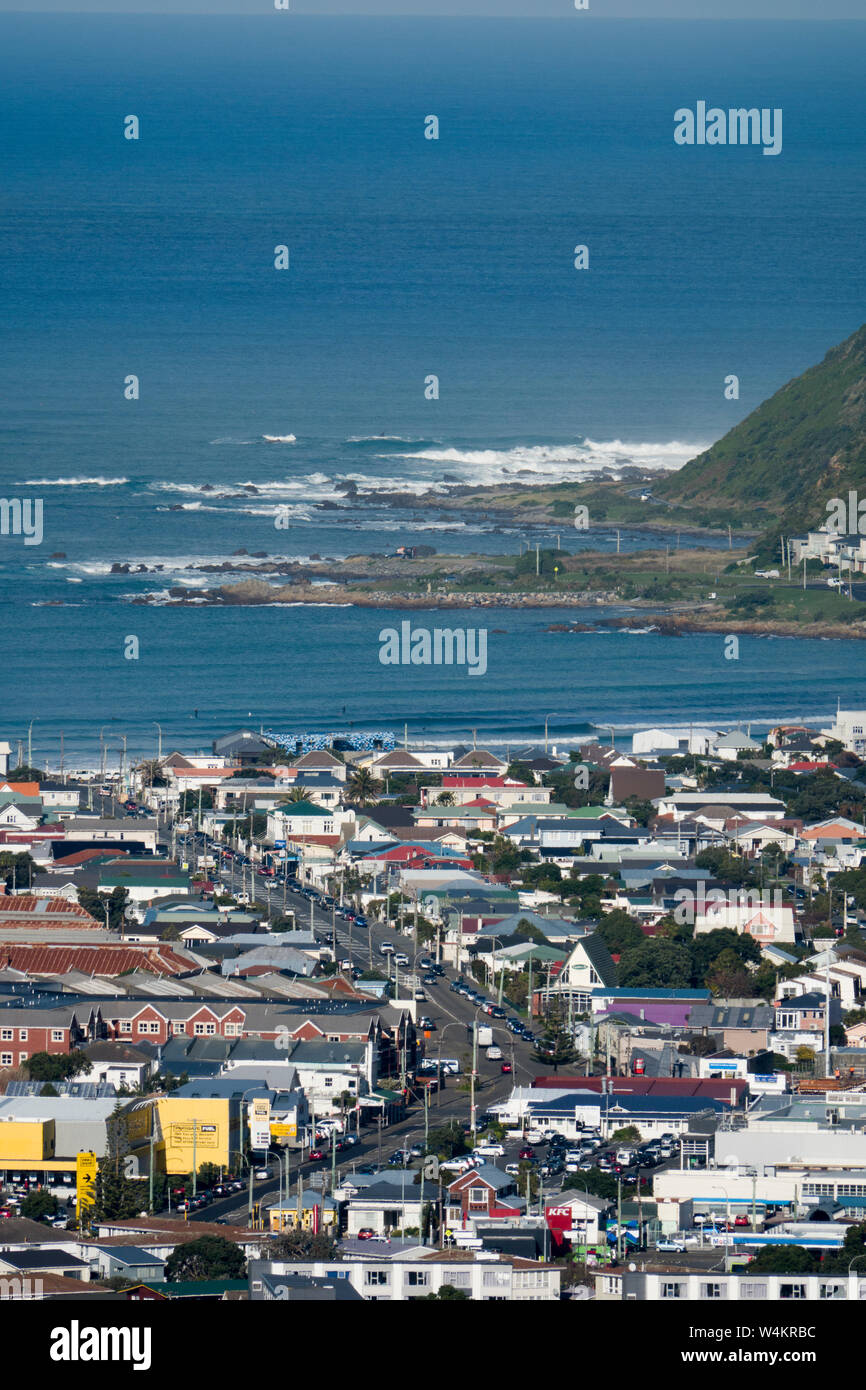 Aerial view of Lyall Bay on the south coast of Wellington, New Zealand Stock Photo