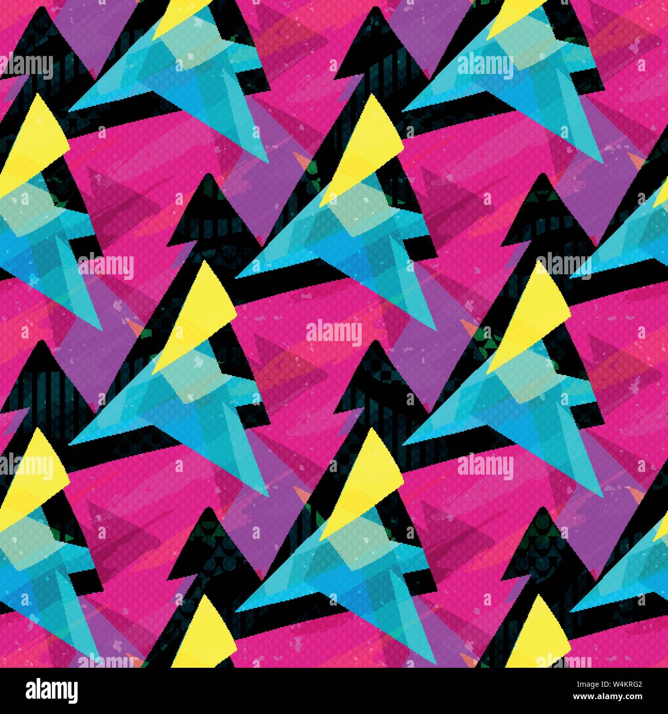 pink blue and yellow triangles on a black background seamless pattern Stock Vector